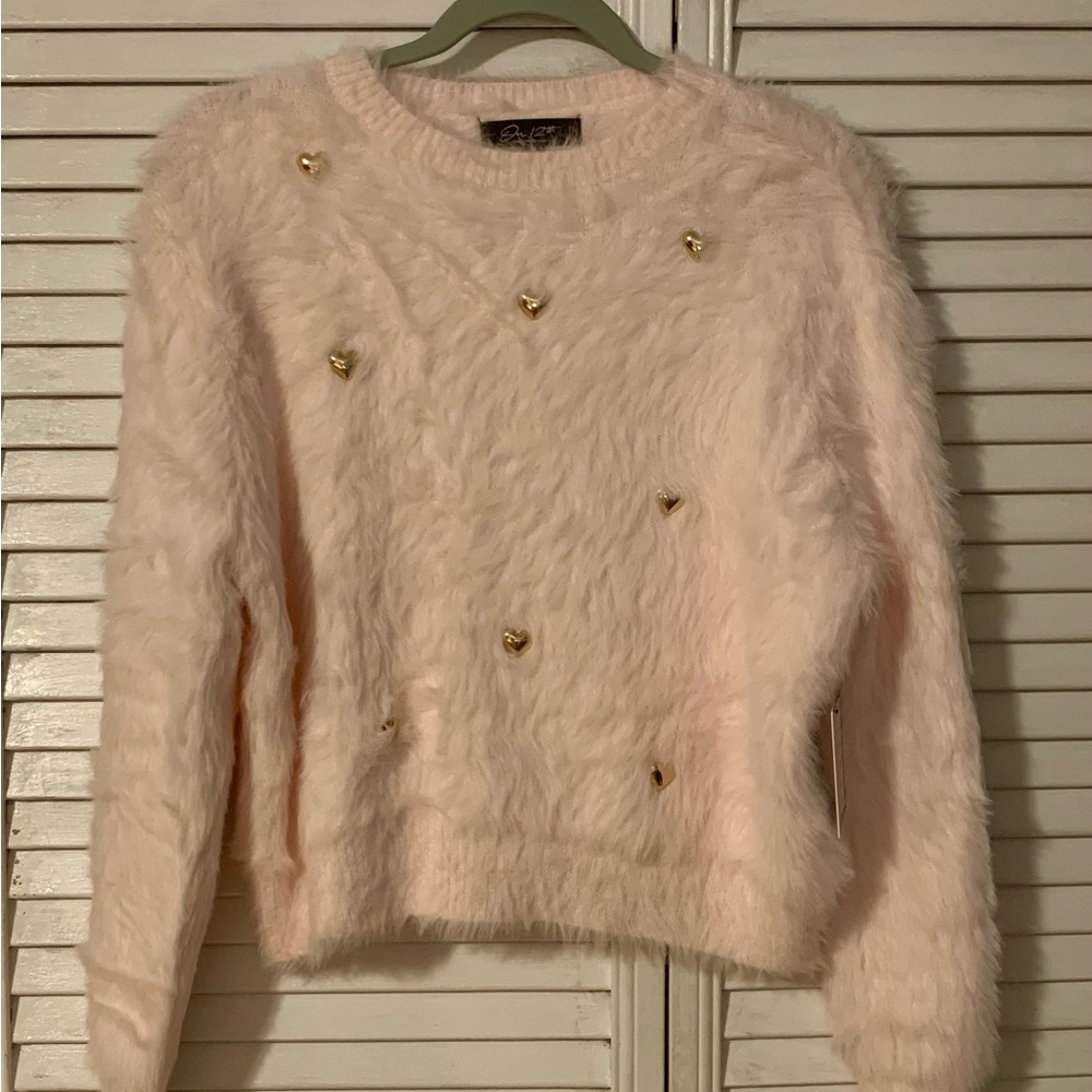 Super Soft Pale Pink Sweater with Gold Heart Details Sz M
